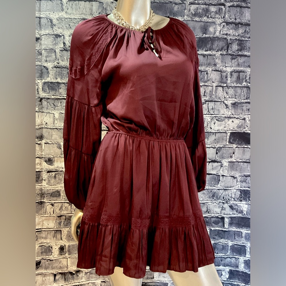 Burgundy Wine Maroon Long Baloon Sleeve Boho Mini Dress